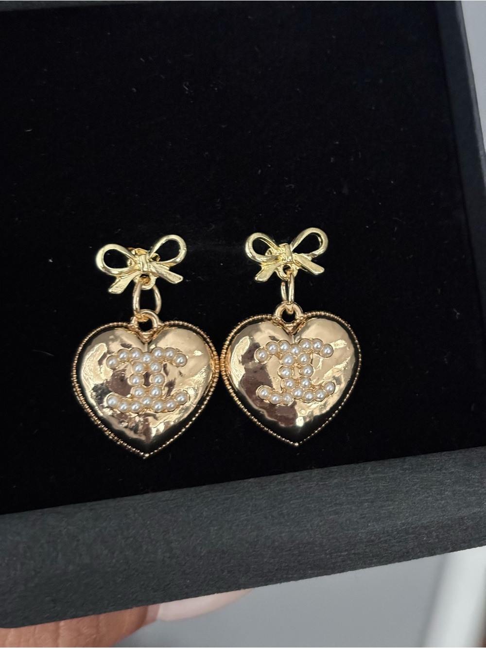 Gold Heart Drop Earrings with Pearl Logo and Bow Accent - Picture 2 of 5